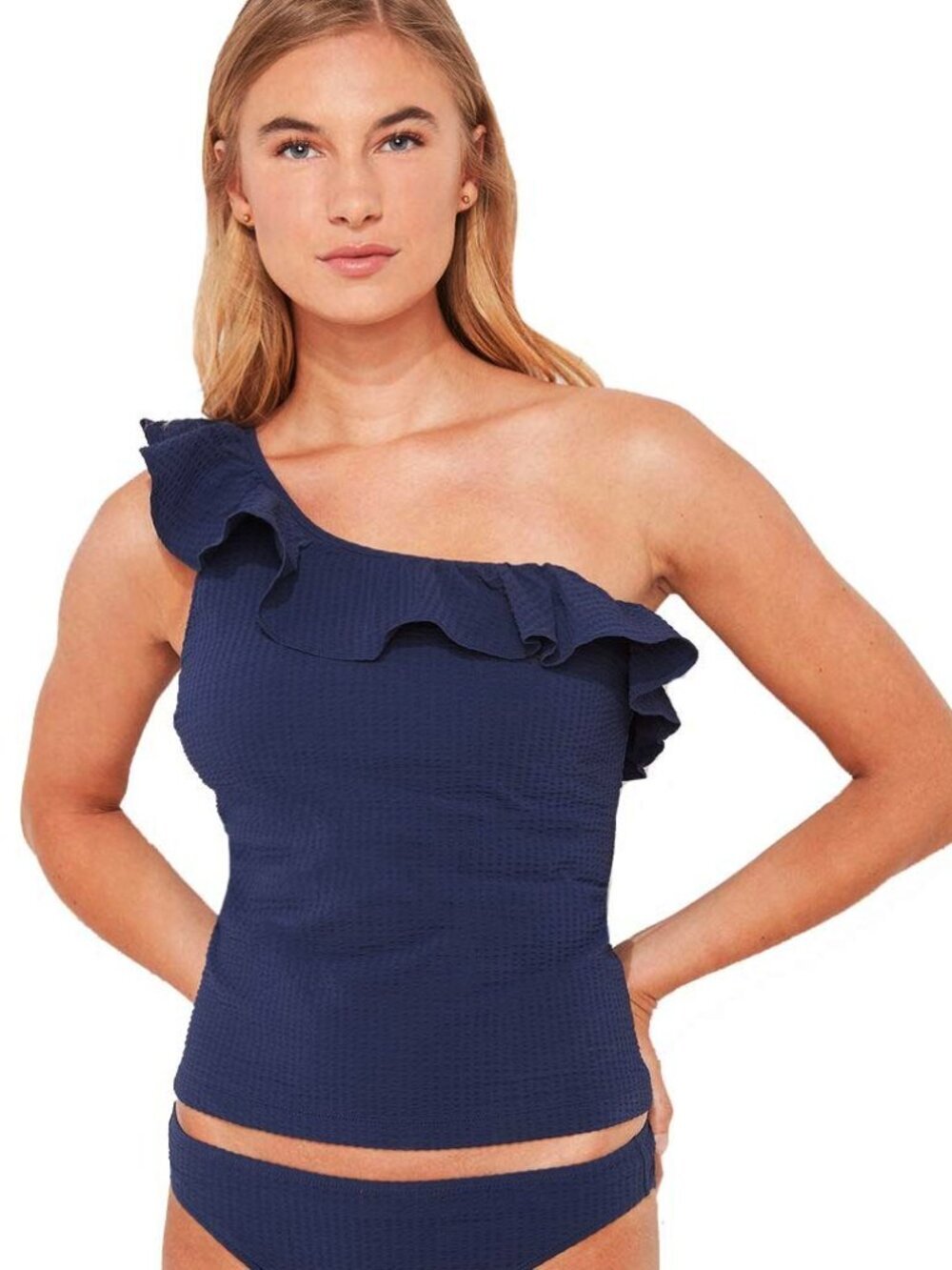 NWT Vineyard Seersucker One-Shoulder Tankini Top Deep Bay S